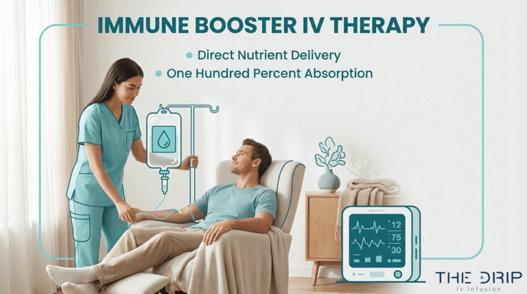 Licensed nurse administering immune booster IV therapy to a patient at home with direct nutrient delivery and absorption benefits shown.