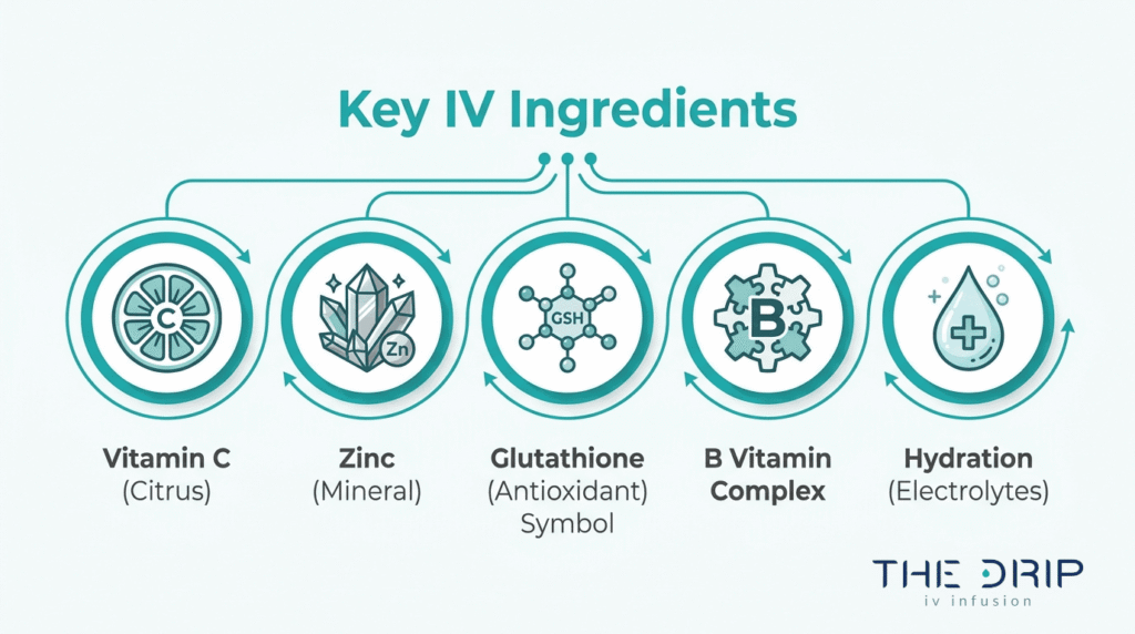 Key IV therapy ingredients chart showing vitamin C, zinc, glutathione, B vitamin complex, and hydration electrolytes