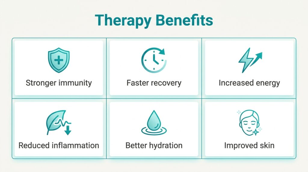 An infographic highlighting six key advantages of Immune Boost IV Therapy