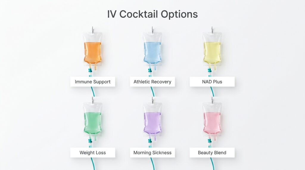 IV cocktail options image showing six IV hydration drip blends