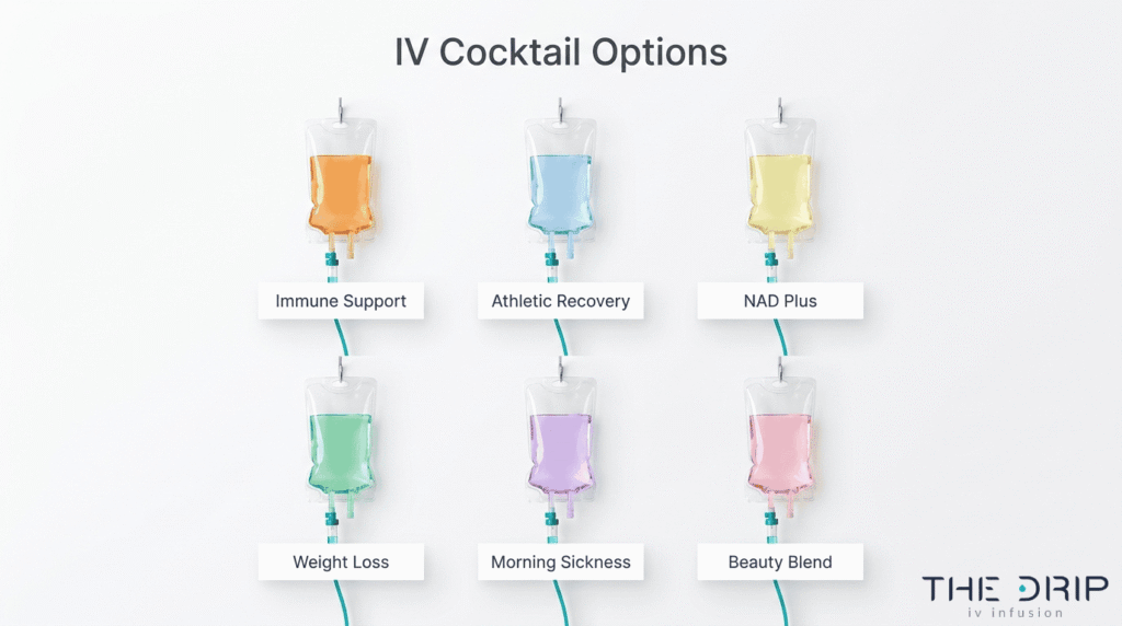 IV cocktail options infographic showing immune support, athletic recovery, NAD Plus, weight loss, morning sickness, and beauty blend IV bags