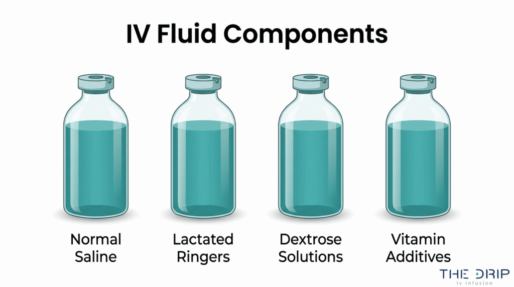 IV fluid components illustration showing normal saline, lactated ringers, dextrose solutions, and vitamin additives
