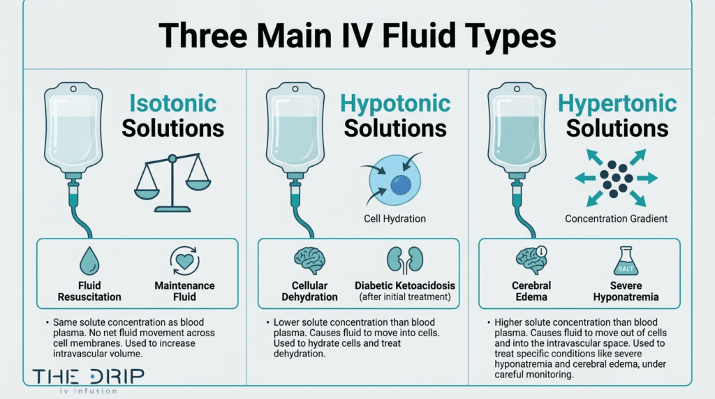 Three main IV fluid types infographic explaining isotonic, hypotonic, and hypertonic solutions and their common uses