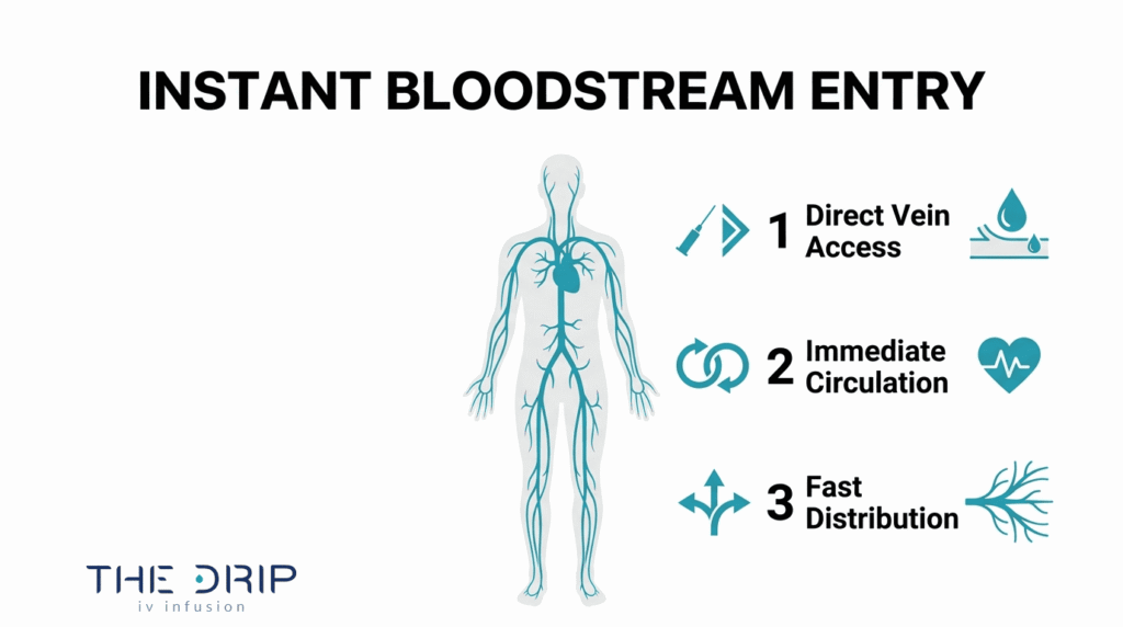 Instant bloodstream entry diagram showing IV fluids entering through direct vein access, immediate circulation, and fast distribution