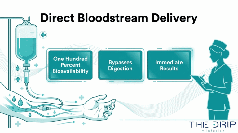 Direct bloodstream delivery infographic showing IV fluids with 100% bioavailability, bypassed digestion, and immediate results
