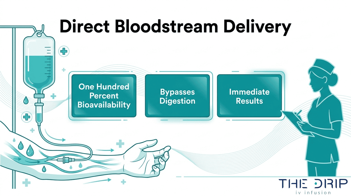 Direct bloodstream delivery infographic showing IV fluids with 100% bioavailability, bypassed digestion, and immediate results
