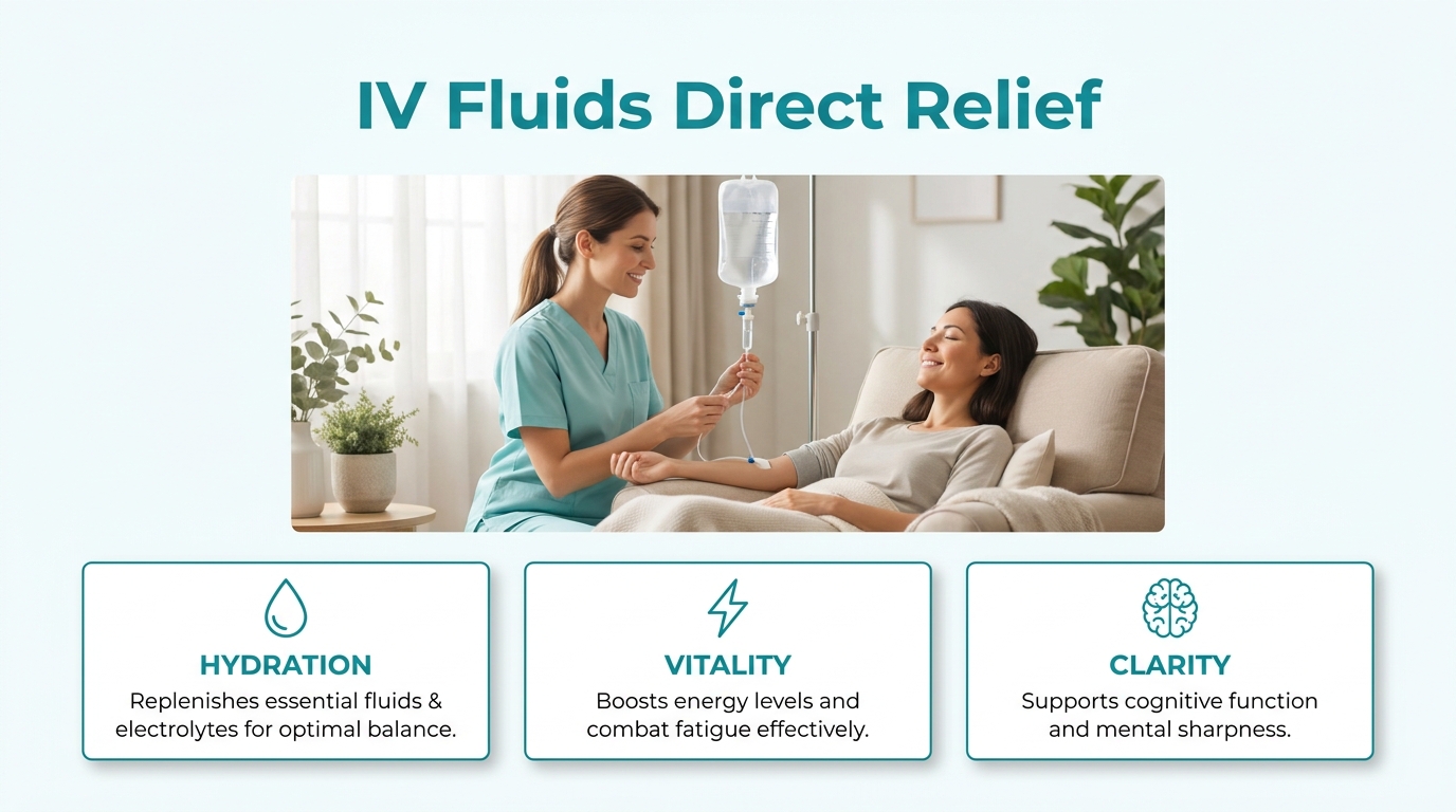 IV fluids direct relief image showing a nurse providing at-home IV therapy through direct fluid and electrolyte delivery