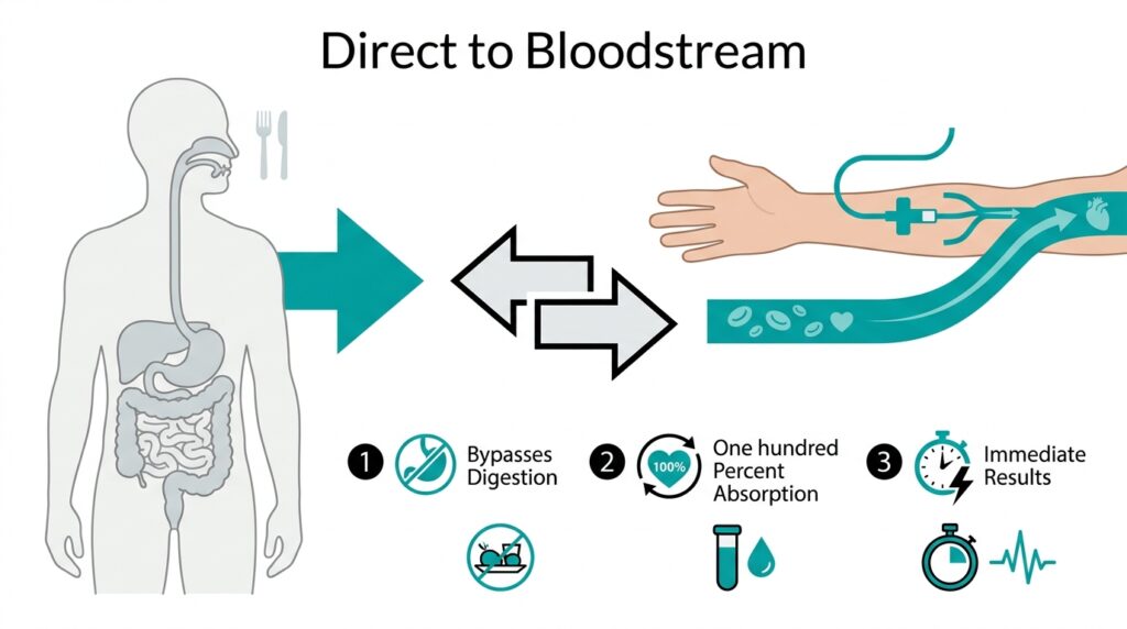 Infographic showing how IV therapy delivers immediate results through direct bloodstream delivery