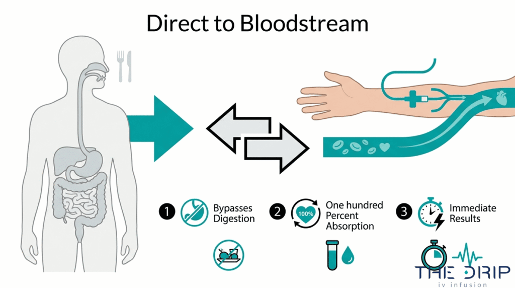 Direct-to-bloodstream IV therapy diagram showing bypassed digestion, full absorption, and immediate results