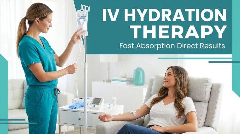Nurse administering IV hydration therapy to a seated patient at home, promoting fast absorption and direct results through professional IV treatment