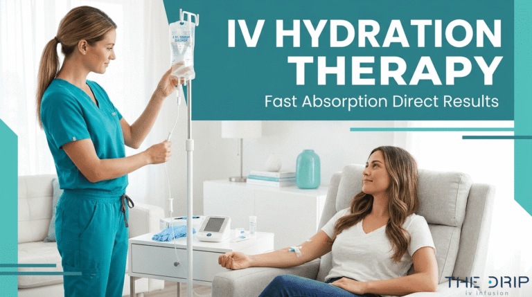 IV hydration therapy at home with nurse administering treatment for fast absorption and direct results