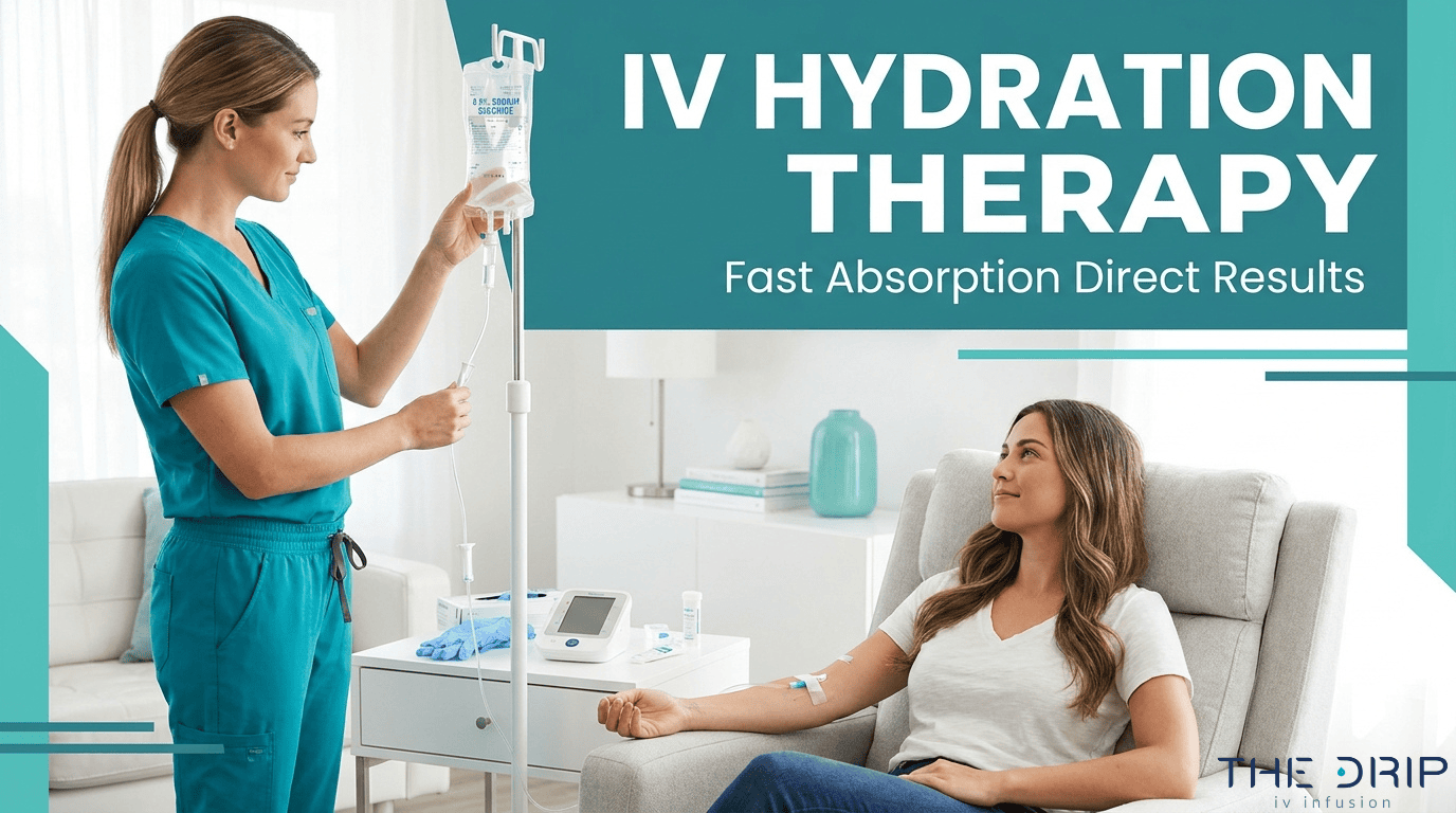 IV hydration therapy at home with nurse administering treatment for fast absorption and direct results