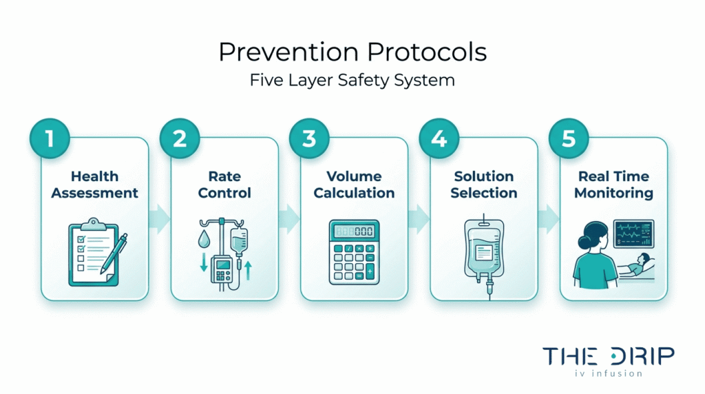 IV overhydration prevention protocols infographic showing health assessment, rate control, volume calculation, solution selection, and real-time monitoring