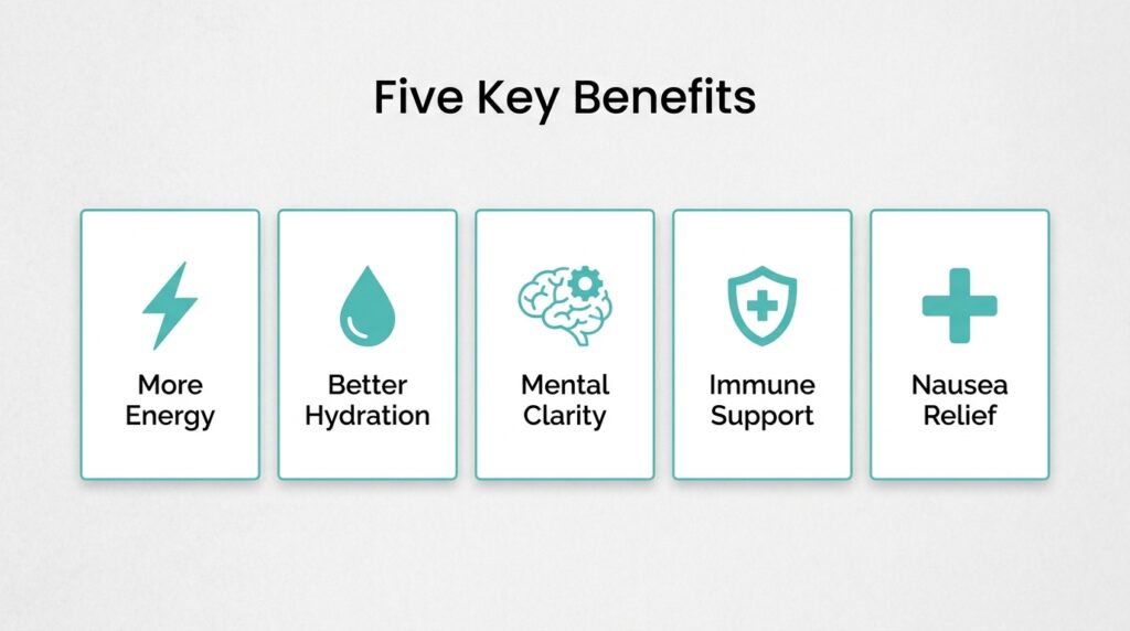 infographic showing the five key benefits of IV fluids