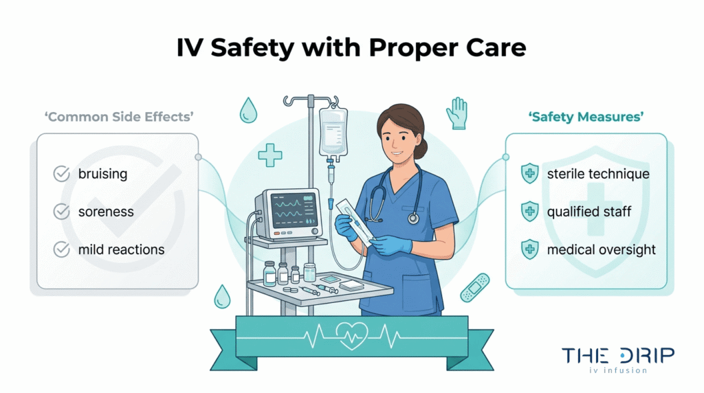 IV therapy safety overview showing common side effects such as bruising, soreness, and mild reactions with safety measures like sterile technique, qualified staff, and medical oversight