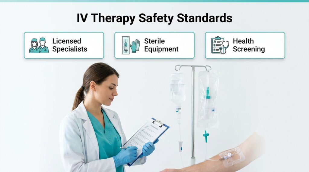 An infographic outlining IV therapy safety standards featuring a healthcare professional reviewing a patient's chart during an IV treatment