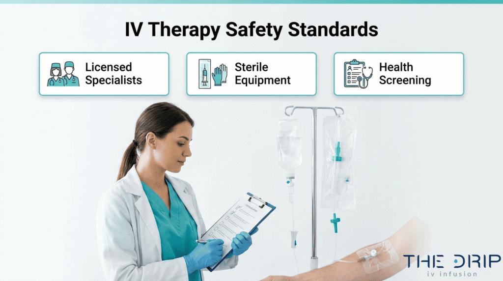 IV therapy safety standards showing licensed specialists, sterile equipment, and health screening protocols