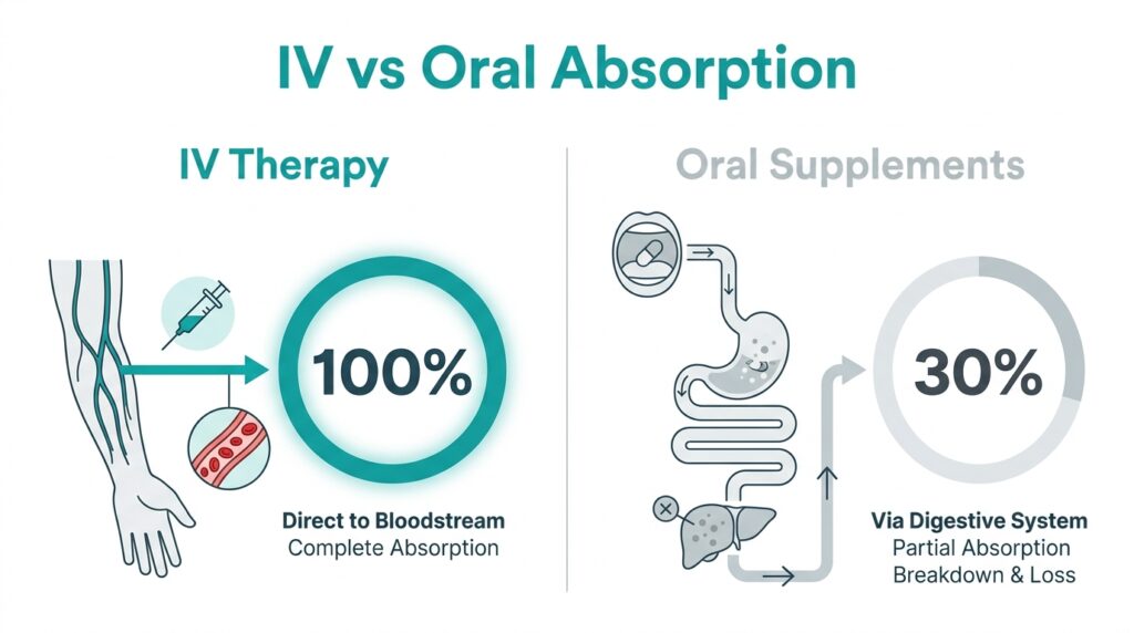 An infographic comparing the IV vs Oral Supplements Absorption