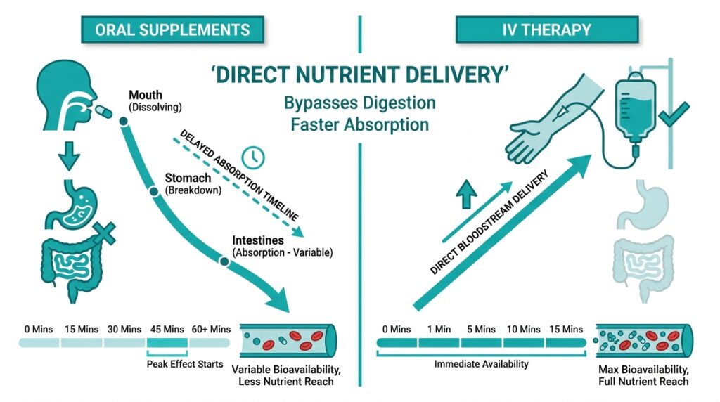 An infographic comparing the nutrient absorption process of oral supplements versus IV Therapy