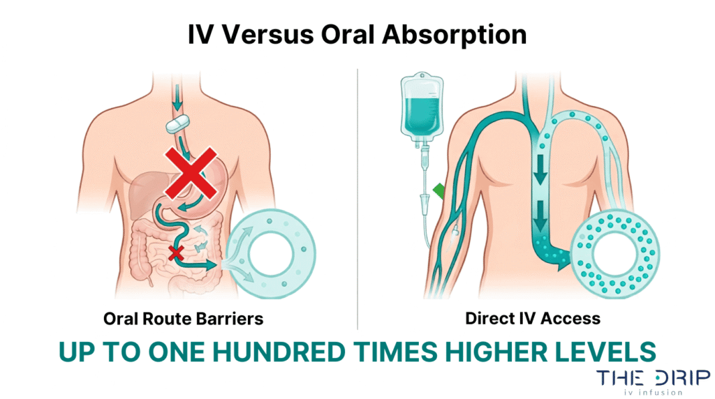 IV versus oral absorption comparison showing oral route barriers and direct IV access for higher nutrient levels
