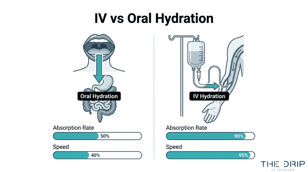 IV vs oral hydration infographic comparing oral hydration through digestion with IV hydration through direct vein delivery