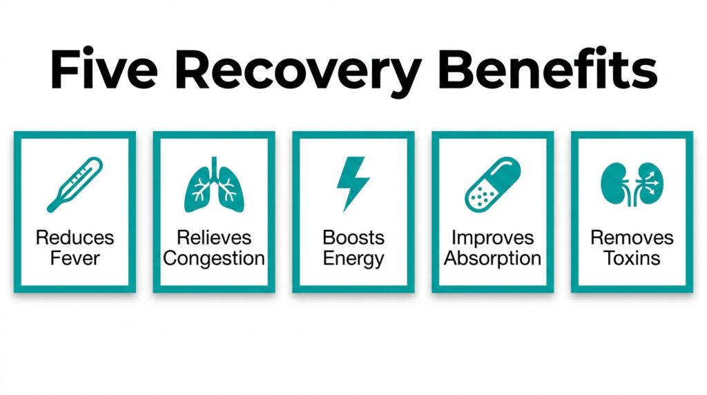 Five recovery benefits of hydration for illness recovery infographic