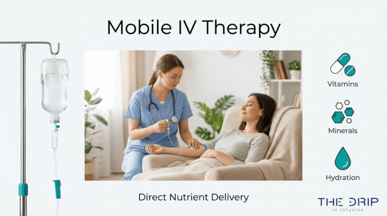 Mobile IV therapy at home with direct nutrient delivery through vitamins, minerals, and hydration support