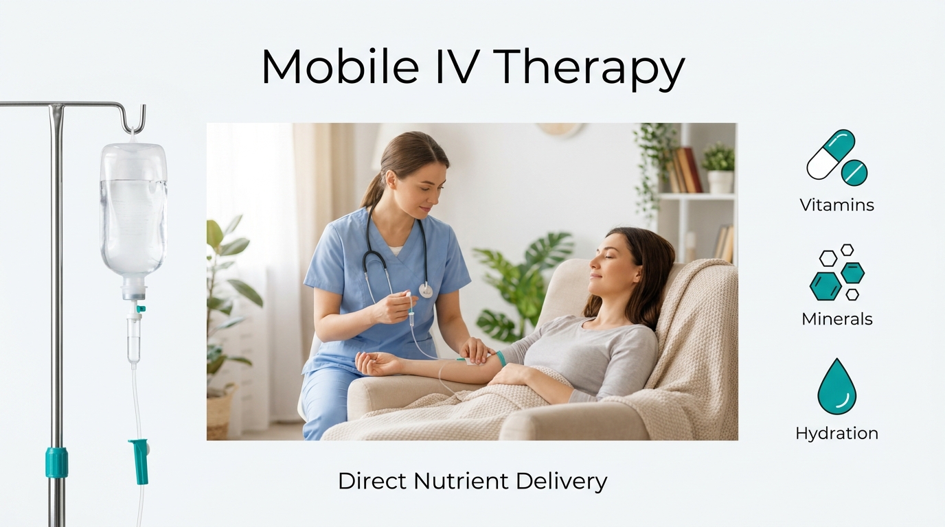Mobile IV therapy image showing a nurse providing at-home IV treatment for direct nutrient delivery