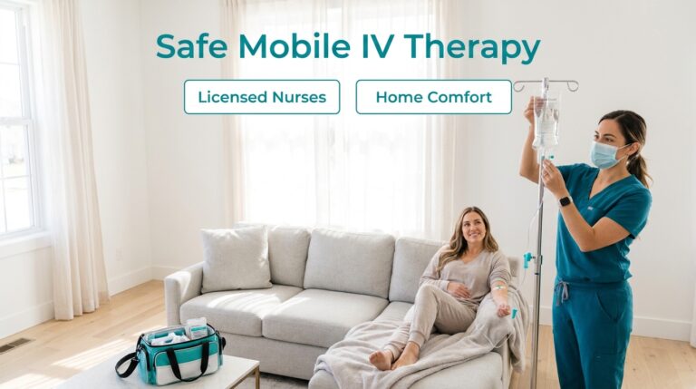 Safe Mobile IV Therapy cold flu treatment highlighting featuring nurse administering an IV drip to a woman relaxing on a sofa
