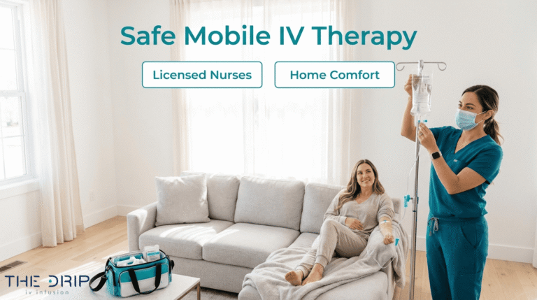 Licensed nurse providing safe mobile IV therapy at home while patient relaxes on a sofa