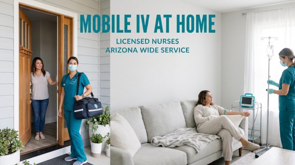 Mobile IV at Home featuring the text Licensed Nurses and Arizona Wide Service.