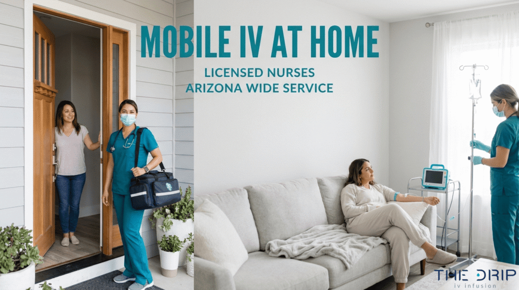 Mobile IV at home service in Arizona with licensed nurses arriving and administering IV therapy in a living room