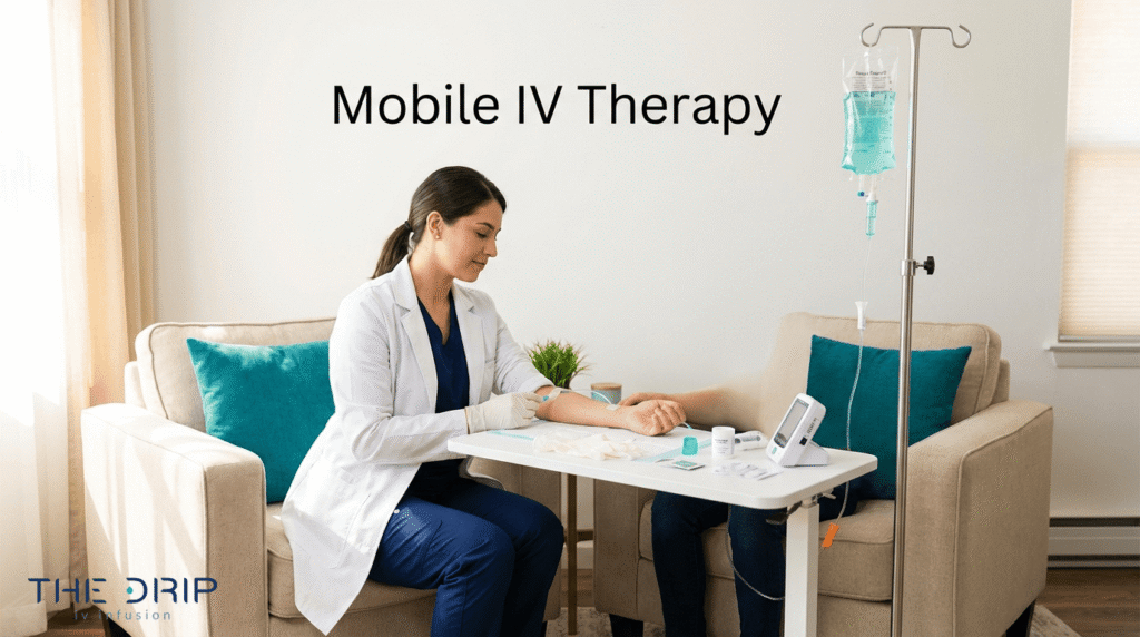 Mobile IV therapy nurse administering IV fluids to a patient in a home setting
