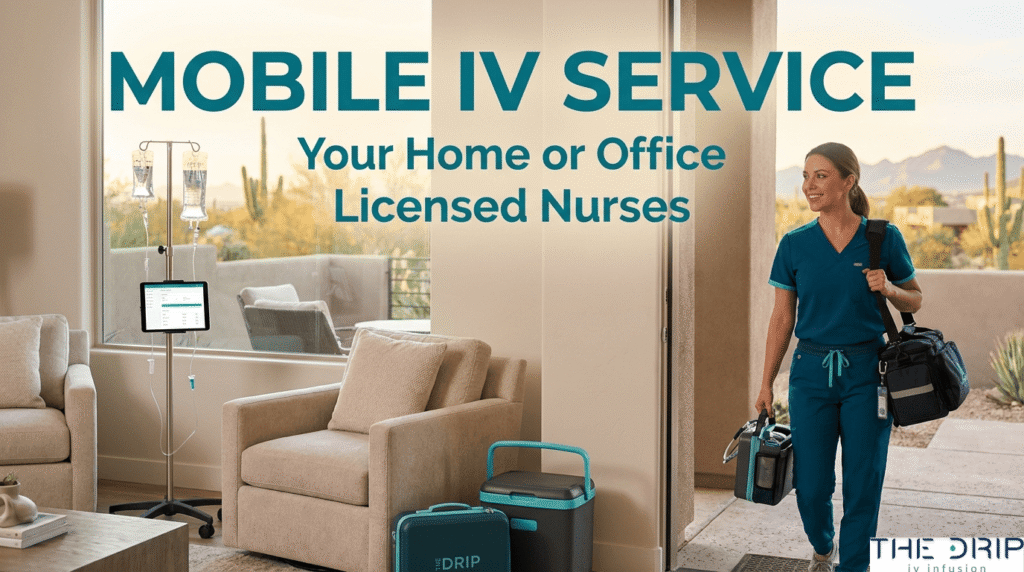 Mobile IV service at home or office with licensed nurse arriving with IV therapy equipment
