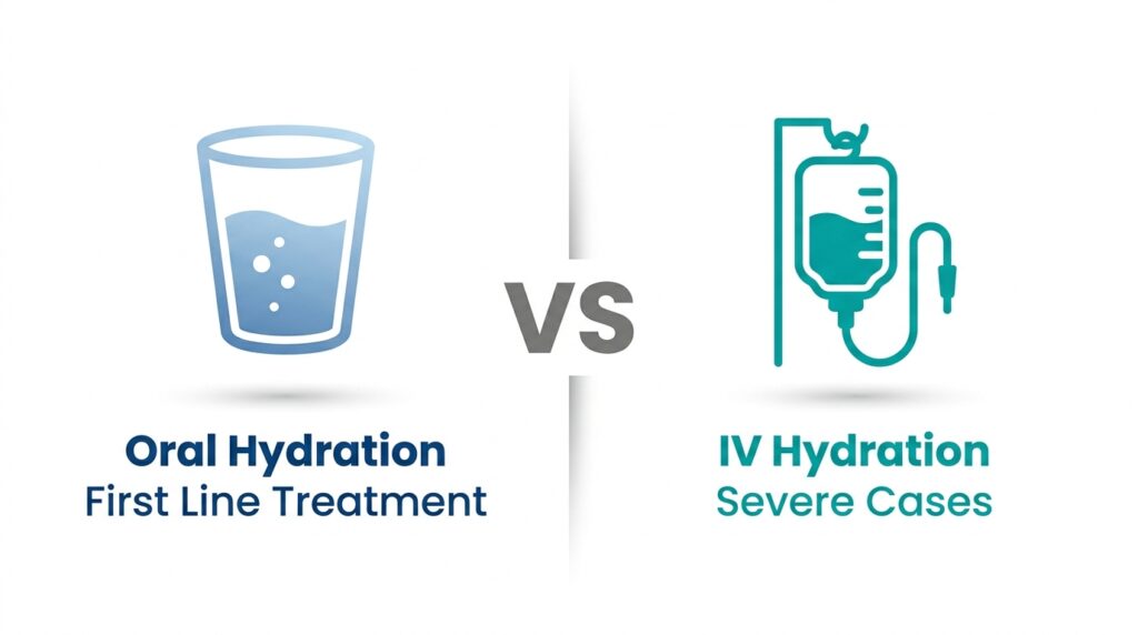 A comparative graphic contrasting oral hydration as a first-line treatment versus IV hydration for severe cases