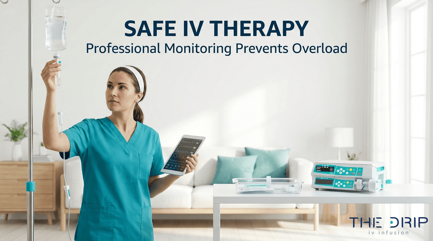 Safe IV therapy image showing professional monitoring to help prevent fluid overload during treatment