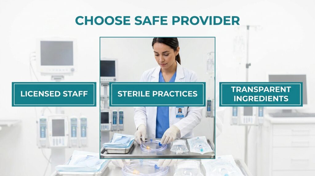 An infographic titled emphasizing main criteria for safe iv therapy provider selection with a healthcare professional in a lab coat preparing IV equipment.