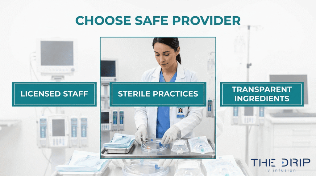 Safe IV therapy provider selection guide showing licensed staff, sterile practices, and transparent ingredients