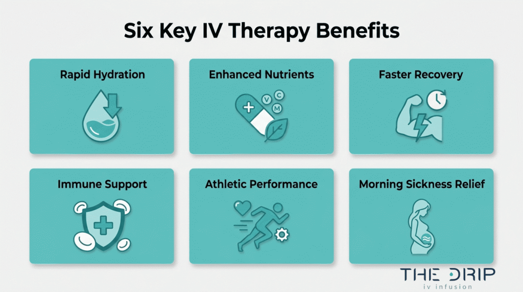 Six key IV therapy benefits infographic showing rapid hydration, enhanced nutrients, faster recovery, immune support, athletic performance, and morning sickness relief